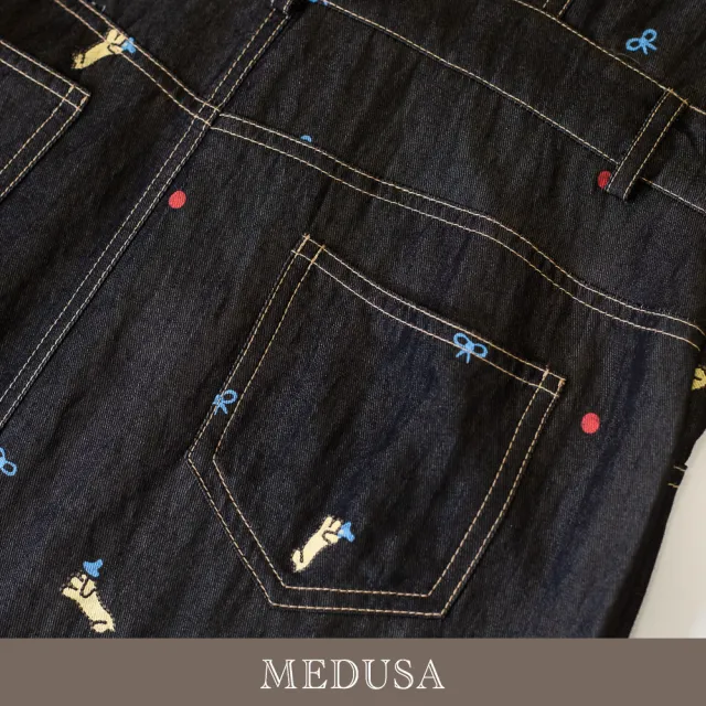 【MEDUSA 曼度莎】現貨-法式小狗刺繡牛仔長洋裝（M-XL）｜牛仔洋裝 休閒洋裝 長洋裝（701-72106）