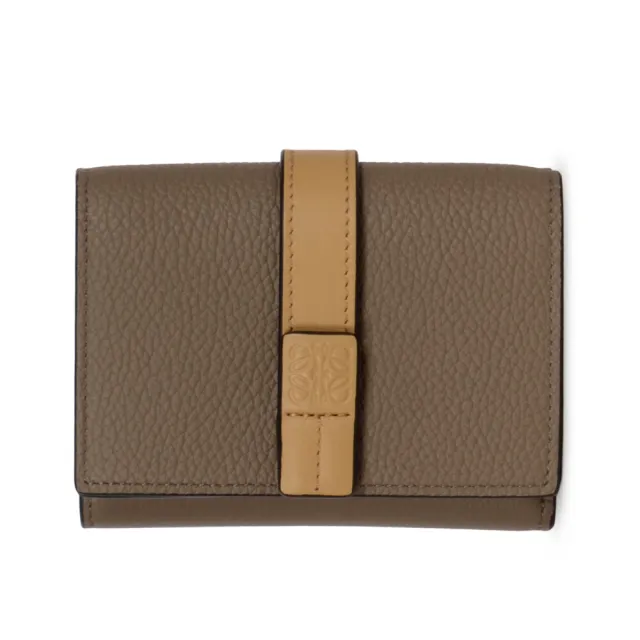 【LOEWE 羅威】Trifold 柔軟粒面小牛皮 三褶 皮夾 中夾 短夾 皮夾 灰褐色 金色