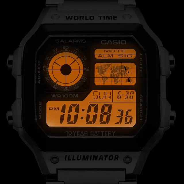 【CASIO 卡西歐】方形不鏽鋼世界地圖電子錶(AE-1200WHD-1A)