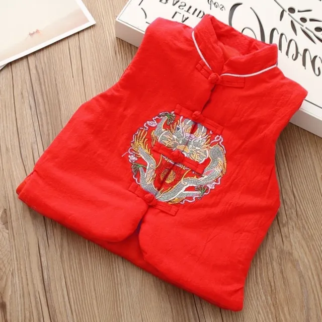 【橘魔法】中國風刺繡龍騰鳳凰盤扣鋪棉背心 大童 男童 女童 兒童 童裝 新年 過年 馬甲 唐裝 大紅 旗袍背心
