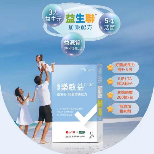 【BioJOY 倍乘營養專家】限時5折-樂敏益_益生菌益生聯配方-日本L-137乳酸菌益源質5盒(15包/盒)
