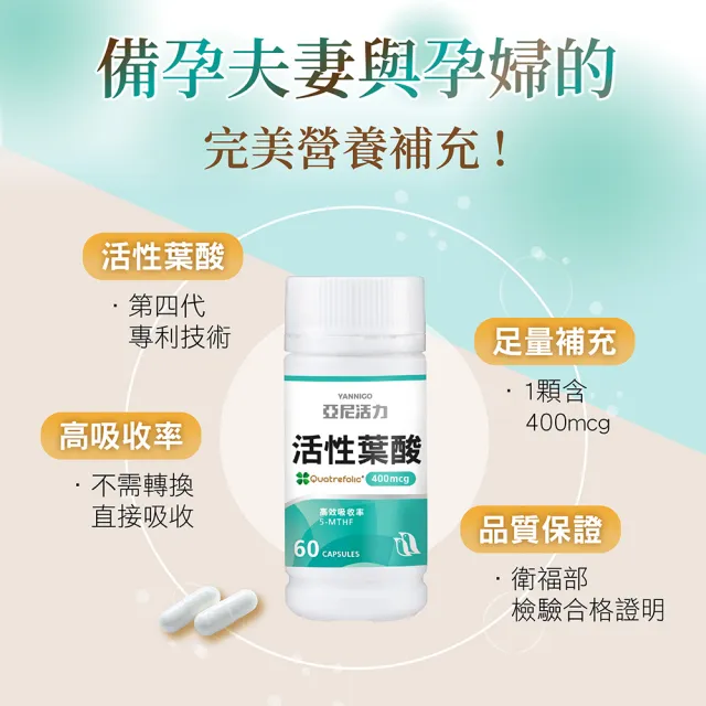 【YANNIGO 亞尼活力】3入優惠組 義大利專利活性葉酸膠囊 180顆(準備懷孕營養推薦)