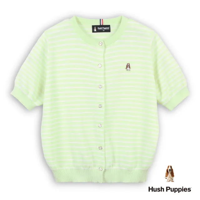 【Hush Puppies】女裝 線衫 橫條紋刺繡小狗開襟線衫(附帽披肩) (綠/白條紋 / 63213101)