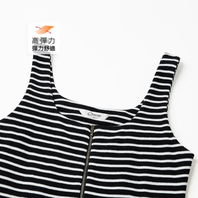 【OUWEY 歐薇】大U領條紋棉高腰背心洋裝(黑色；S-L；3242247703)