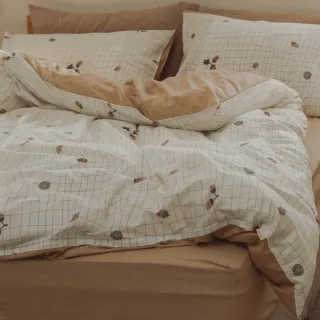 【翔仔居家】100%精梳純棉 薄被套床包4件組-橡實(特大/雙人特大床包/純棉床包/純棉被套)