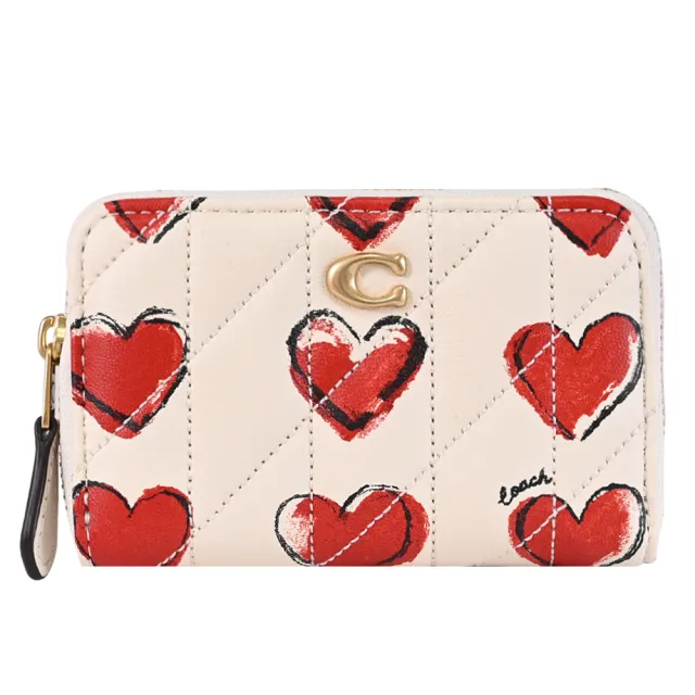 【COACH】絎縫愛心印花皮革信用卡證件名片零錢包(米白)