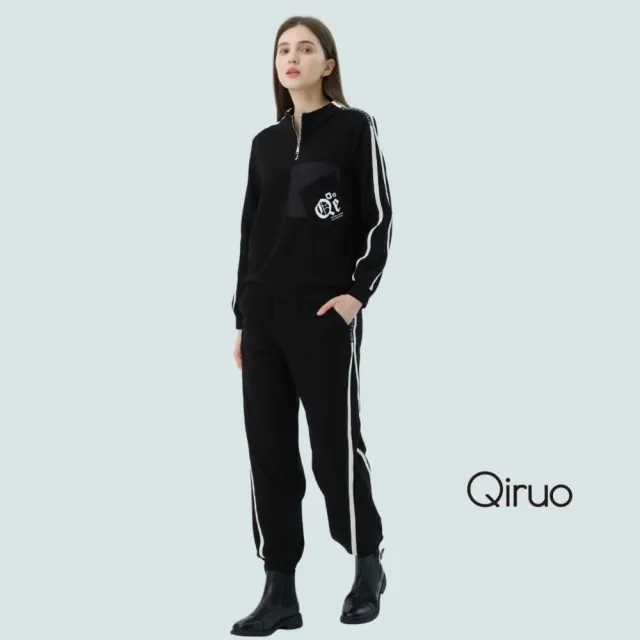 【Qiruo 奇若名品】厚棉保暖布料 拉鍊立領 滾線黑色長袖上衣7232A-02 
