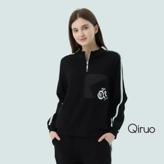 【Qiruo 奇若名品】厚棉保暖布料 拉鍊立領 滾線黑色長袖上衣7232A-02