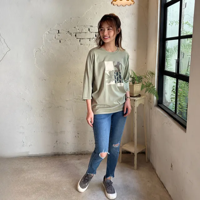 【Hana Mokuba】花木馬日系女裝休閒圓領趣味印花七分袖上衣