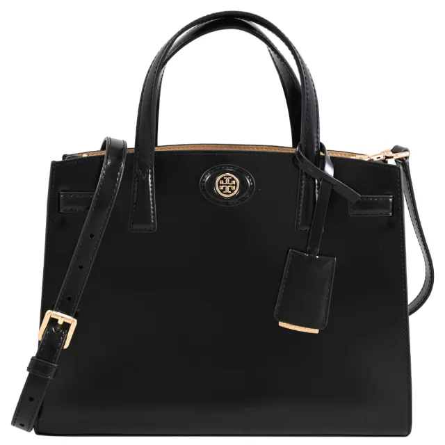 【TORY BURCH】Robinson 附吊飾漆面皮革手提包三層包托特包(黑)