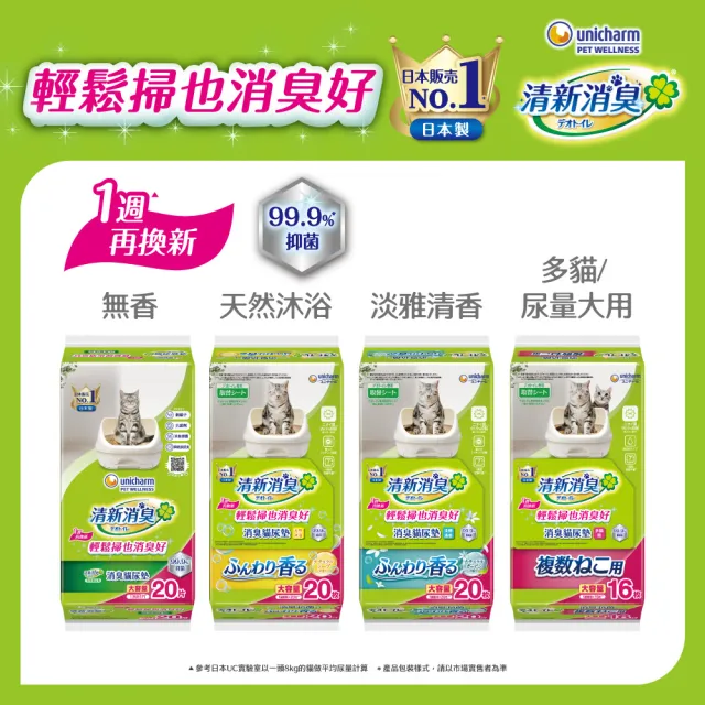 【Unicharm Pet 清新消臭】消臭抗菌尿墊量購組20片/16片(無香/天然沐浴/淡雅清香/多貓用/消臭大師)