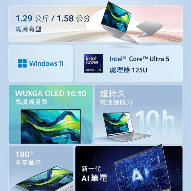 【Acer 宏碁】16吋Ultra 5 AI OLED輕薄筆電(Swift Lite/SFL16-51M-59M6/Ultra 5-125U/16G/512G/W11)