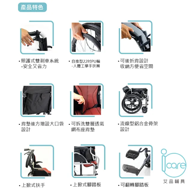 【i care 艾品輔具】IC-250輕量化鋁合金輪椅(外出便利型收合輕量化手動輪椅 -重量14KG)