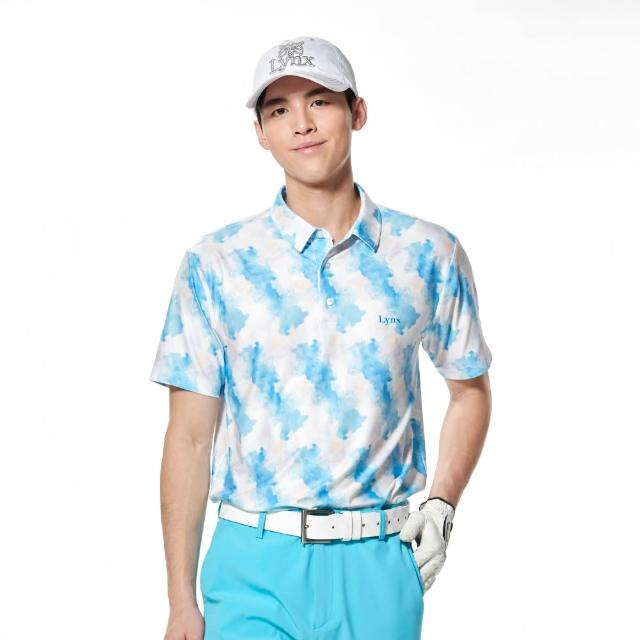 【Lynx Golf】男款吸濕排汗水墨渲染風格花紋短袖POLO衫/高爾夫球衫(水藍色)