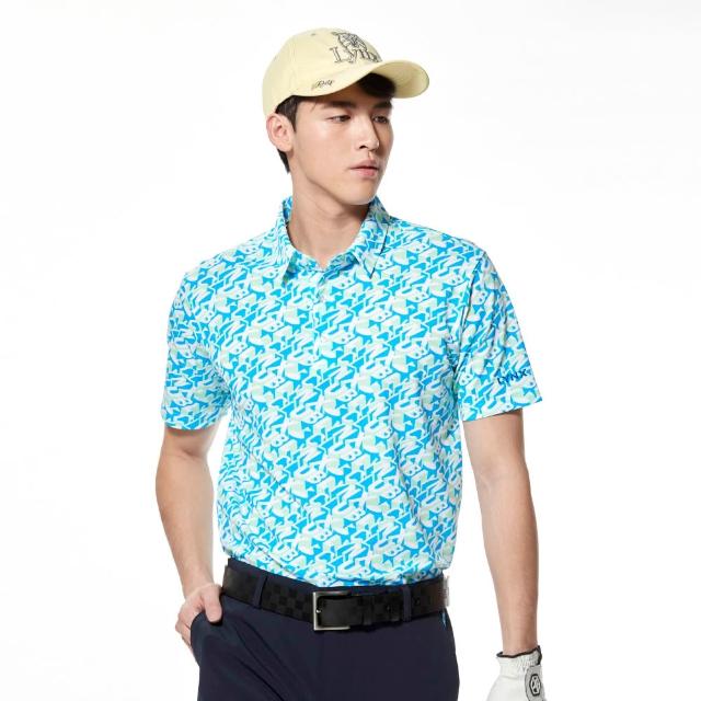 【Lynx Golf】男款吸排抗UV滿版抽象迷彩印花短袖POLO衫/高爾夫球衫(天藍色)