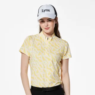 【Lynx Golf】女款吸濕排汗機能Lynx Club線條字樣立領短袖POLO衫/高爾夫球衫(亮黃色)