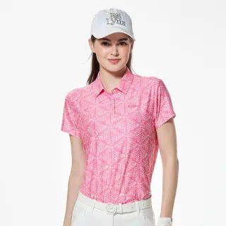 【Lynx Golf】女款吸濕排汗滿版幾何圖騰印花短袖POLO衫/高爾夫球衫(桃粉色)