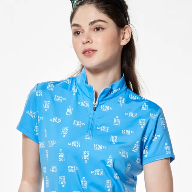 【Lynx Golf】女款吸濕排汗滿版LOGO印花立領短袖POLO衫/高爾夫球衫(寶藍色)
