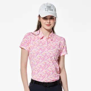 【Lynx Golf】女款吸濕排汗滿版抽象迷彩印花短袖POLO衫/高爾夫球衫(粉紅色)