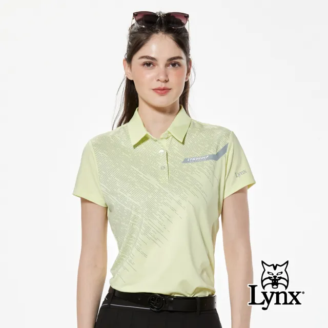 【Lynx Golf】女款吸濕排汗不對稱拼接斜紋造型短袖POLO衫/高爾夫球衫(亮黃色)