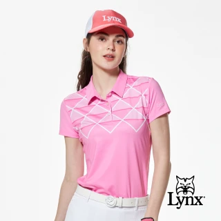 【Lynx Golf】女款吸濕排汗胸前菱格紋拼接短袖POLO衫/高爾夫球衫(桃粉色)
