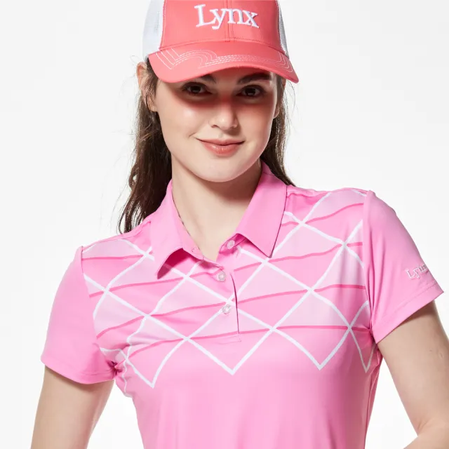 【Lynx Golf】女款吸濕排汗胸前菱格紋拼接短袖POLO衫/高爾夫球衫(桃粉色)