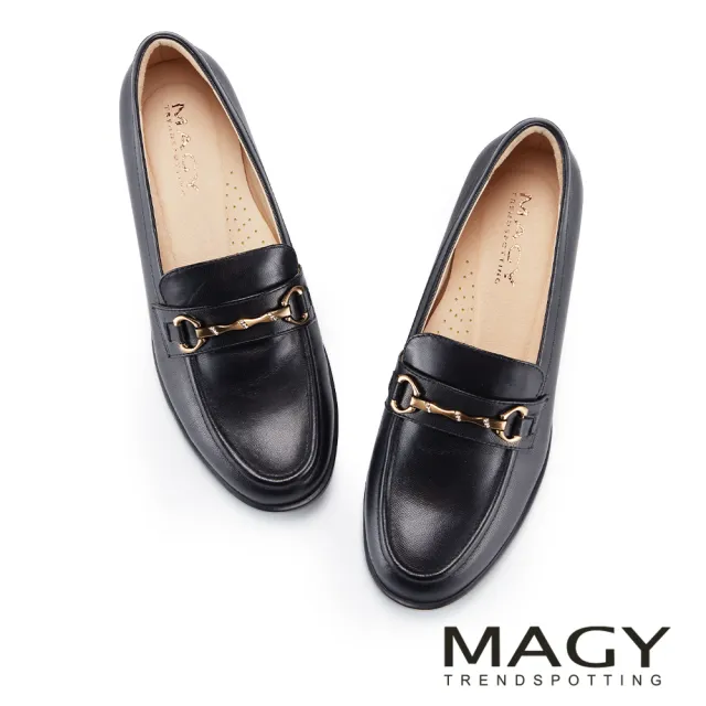 【MAGY】打蠟羊皮馬銜釦復古低跟樂福鞋 黑色
