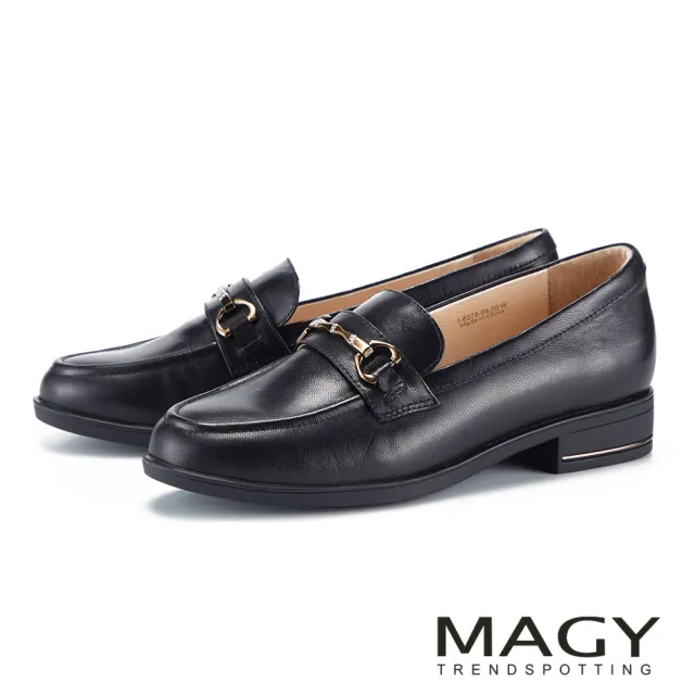 【MAGY】打蠟羊皮馬銜釦復古低跟樂福鞋 黑色