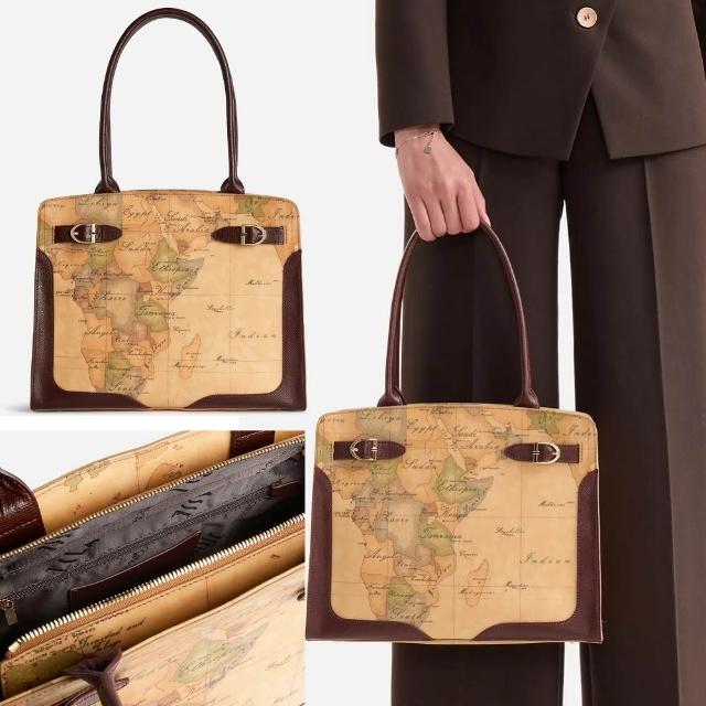 【Alviero Martini】義大利地圖包 皮革釦環裝飾 長把側揹包33cm-地圖黃x深咖啡(肩揹 托特包 通勤)