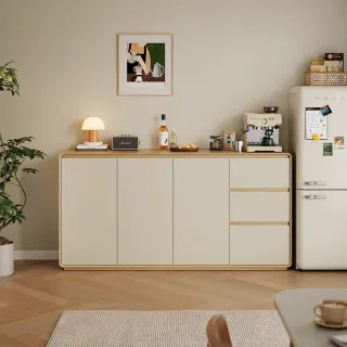 【hoi! 好好生活】預購60天★Linsy赫那三拉門三抽大收納容量餐邊櫃1.8M 原木色+暮雲灰