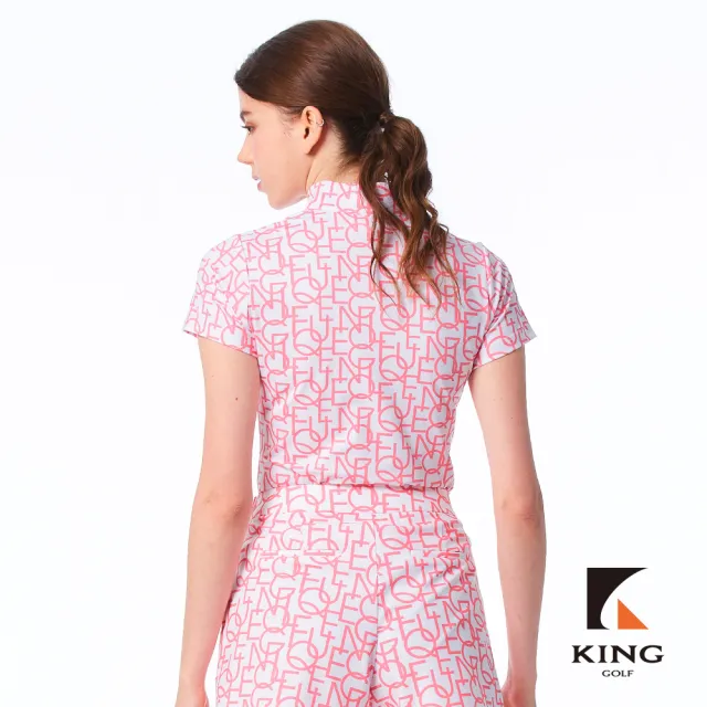 【KING GOLF】速達-網路限定款-女款英文草寫背面滿版kg印花透氣涼感小立領開襟短袖POLO衫/高爾夫球衫-粉色