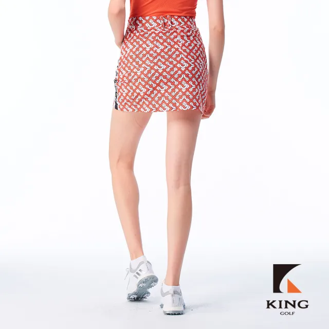 【KING GOLF】速達-網路限定款-女款幾何鎖鏈印圖側腰拼接修身A LINE短裙/高爾夫球裙-紅色