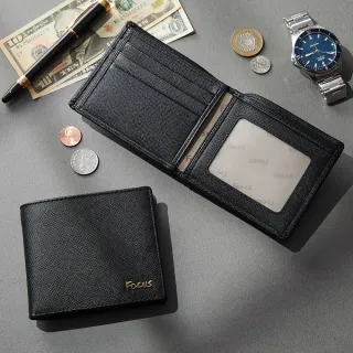 【FOCUS】真皮RFID防盜簡約9卡中翻透明窗男短夾_十字紋黑/藍 (F2950)男生皮夾 錢包