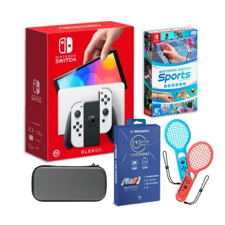 【Nintendo 任天堂】NS Switch OLED白色主機 國際版+運動+球拍+包貼