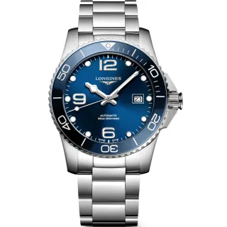 【LONGINES 浪琴】藍水鬼 深海征服者浪鬼陶瓷潛水機械錶-藍x銀/41mm(L3.781.4.96.6)