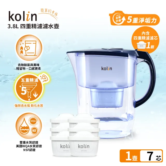 【Kolin 歌林】3.8L濾水壺(內含四重濾芯*1)+五重淨垢濾芯6入(共1壺7芯/適用Brita)