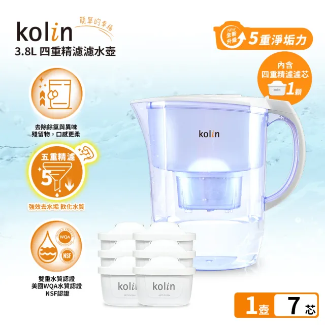 【Kolin 歌林】3.8L濾水壺(內含四重濾芯*1)+五重淨垢濾芯6入(共1壺7芯/適用Brita)