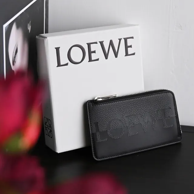 【LOEWE 羅威】經典LOGO印花雙色小牛皮信用卡名片零錢包(黑灰)