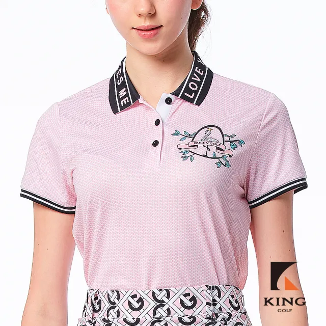 【KING GOLF】速達-網路限定款-女款領袖口撞色拼接火鶴印圖透氣涼感開襟短袖POLO衫/高爾夫球衫-粉色