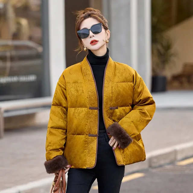 【巴黎精品】頂級真羽絨外套新中式90%白鴨絨羽絨衣寬鬆秋冬大碼女裝(V領衫毛袖女外套n1mh21)