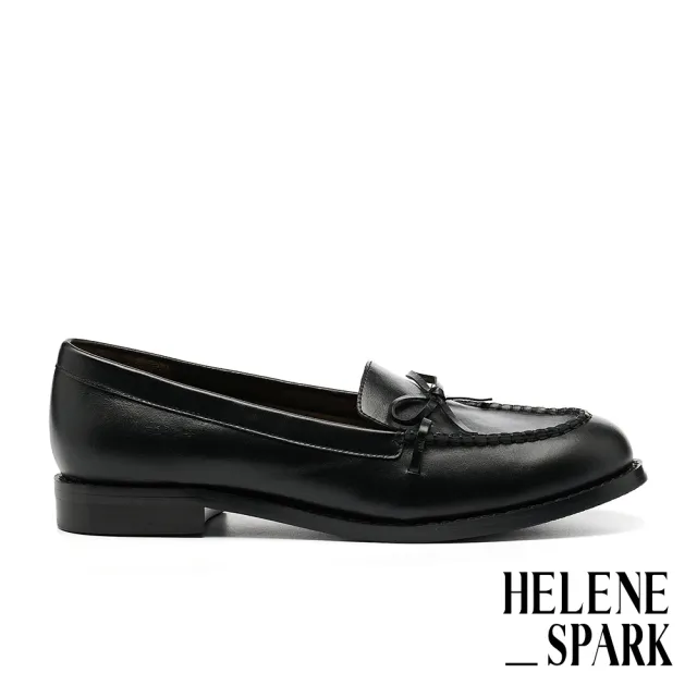 【HELENE_SPARK】復古學院風蝴蝶結全真皮樂福低跟鞋(黑)