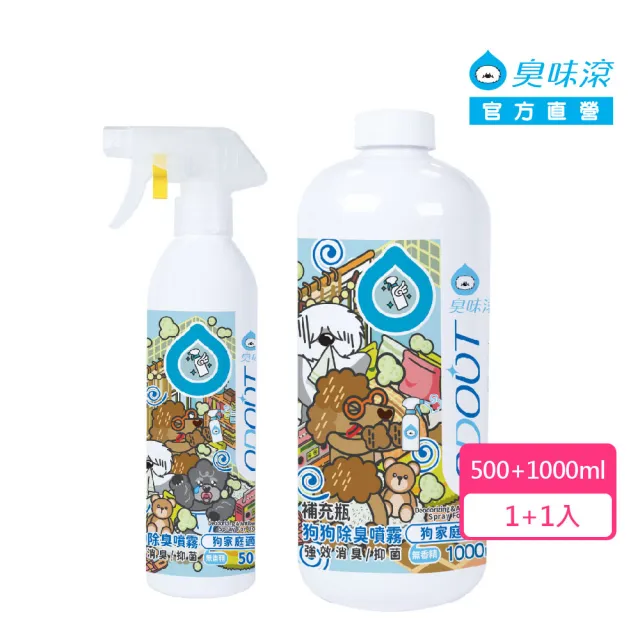 【ODOUT 臭味滾】狗狗除臭噴霧+補充瓶-1組-狗家庭適用(環境清潔/除臭/抑菌/除尿味/無香精)