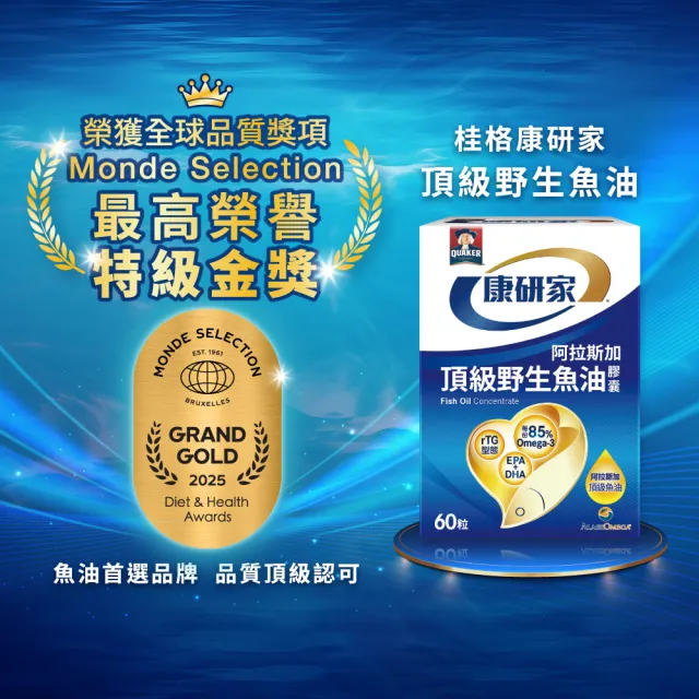 【桂格康研家】頂級野生魚油膠囊60粒×8盒(85% 高濃度/1.2g Omega-3/EPA/DHA/阿拉斯加野生鱈魚)
