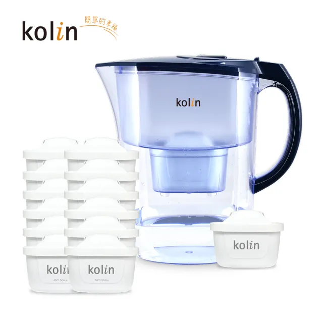 【Kolin 歌林】3.8L濾水壺(內含四重濾芯*1)+五重淨垢濾芯12入(共1壺13芯/適用Brita)
