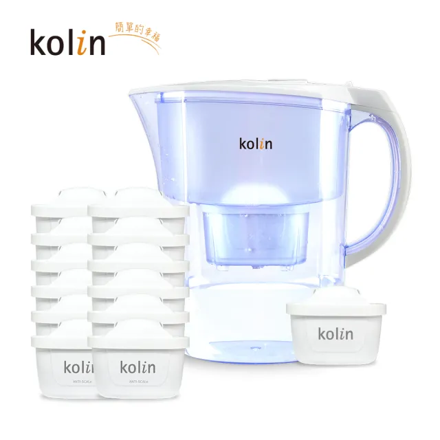 【Kolin 歌林】3.8L濾水壺(內含四重濾芯*1)+五重淨垢濾芯12入(共1壺13芯/適用Brita)