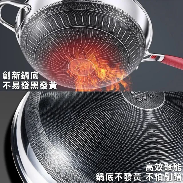星晏 炒鍋 34cm炒鍋不帶蓋 316不鏽鋼蜂窩紋炒鍋 不沾鍋 雙面蜂巢設計高效聚能 耐刮/耐熱/強磁