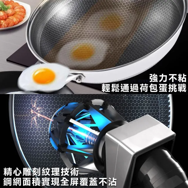 星晏 炒鍋 34cm炒鍋不帶蓋 316不鏽鋼蜂窩紋炒鍋 不沾鍋 雙面蜂巢設計高效聚能 耐刮/耐熱/強磁