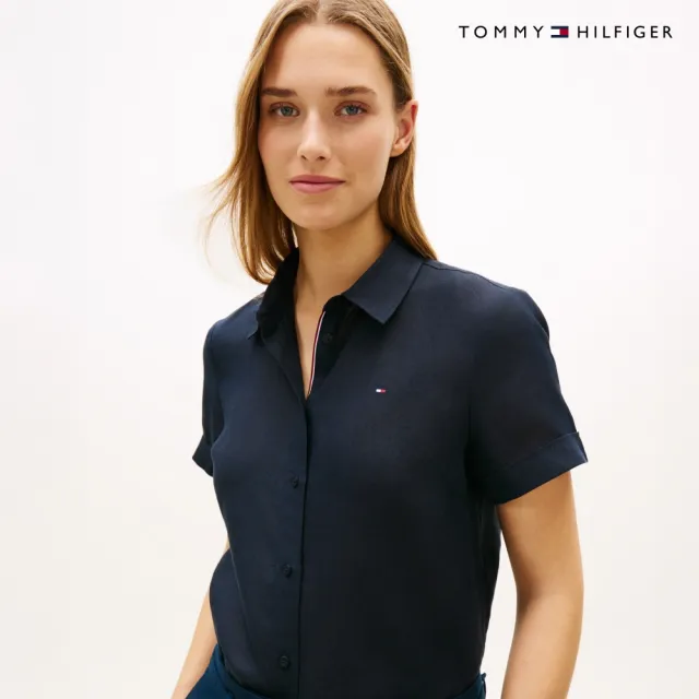 【TOMMY HILFIGER】官方旗艦館寬版亞麻短袖襯衫_藍色