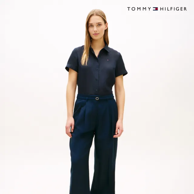 【TOMMY HILFIGER】官方旗艦館寬版亞麻短袖襯衫_藍色