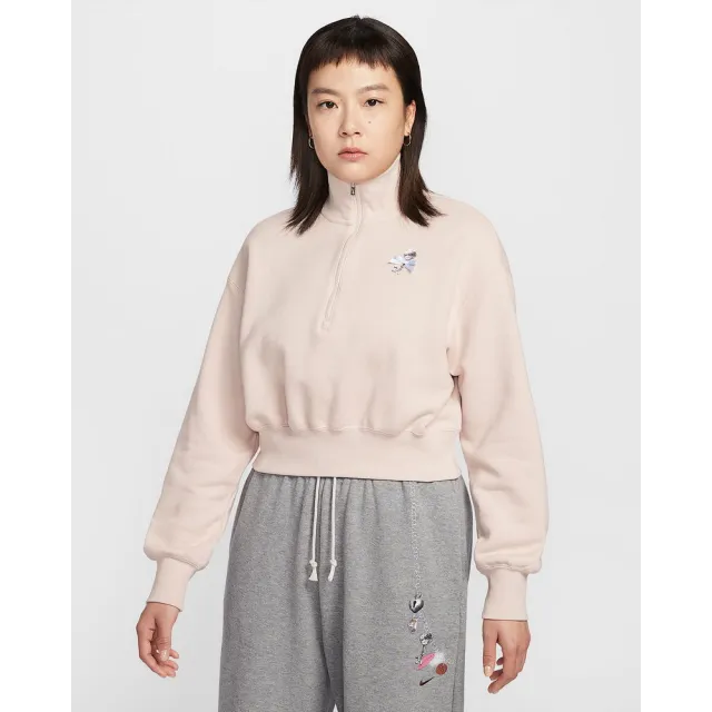 【NIKE 耐吉】半開襟上衣 女 AS W NSW KTMH FLC QZ CROP 運動 休閒 寬鬆 短版 Oversize 粉 (IQ3940667)